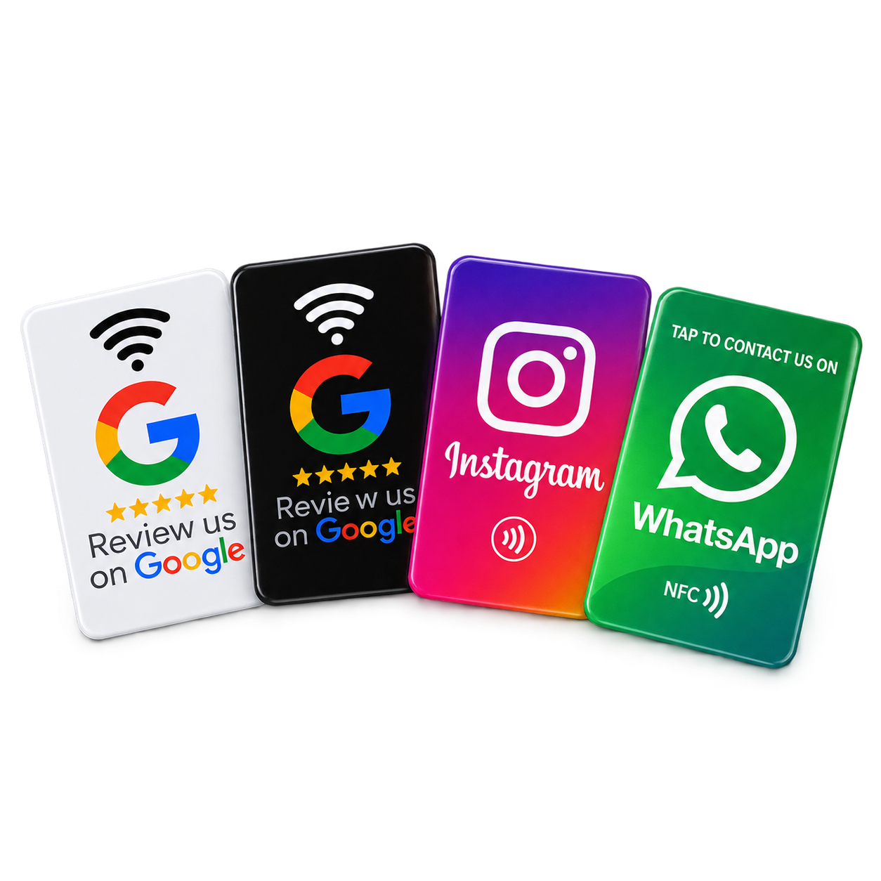 Vier NFC-Tags für Google-Bewertungen, Instagram und WhatsApp
