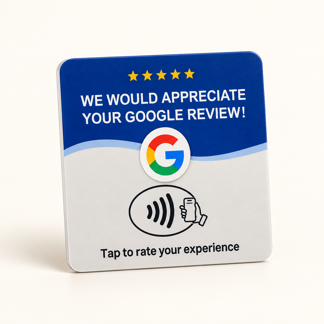 Blaue und graue Google-Bewertungskarte mit NFC-Symbol